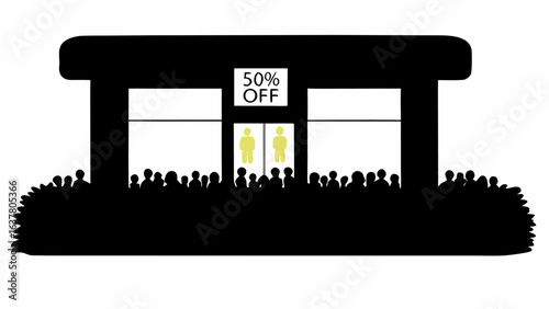Silhouette of a store front with a sign that says fifty percent off and a crowd of people waiting outside