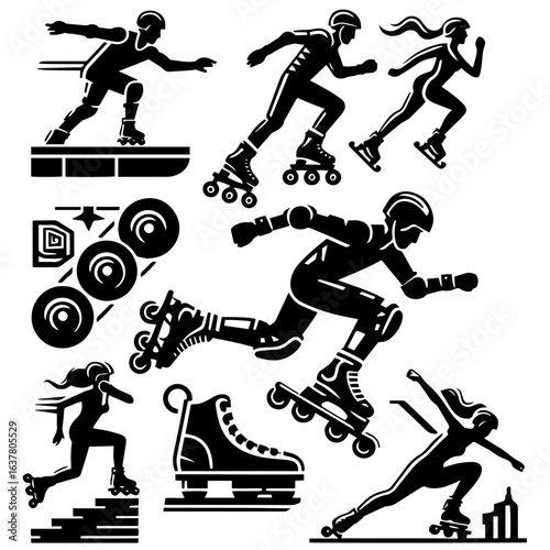 A collection of black and white silhouettes depicting people roller skating and roller skating equipment
