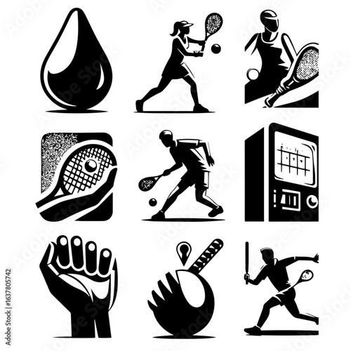 Illustration showcasing various squash related icons including players equipment and scoring system elements