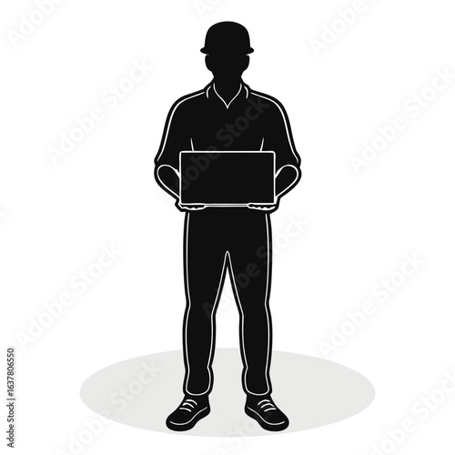 Delivery Person Silhouette:  Holding Package, Minimalist Style, Professional,  Serious Mood,  Full Body Shot,  Simple Graphic,  Vector Illustration,  Black and White,  Clean Design,  Corporate Image.