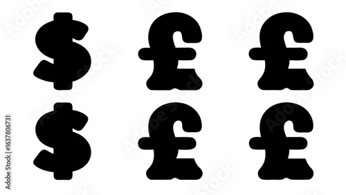 Illustration of two dollar symbols and four pound symbols arranged in two rows on a white background