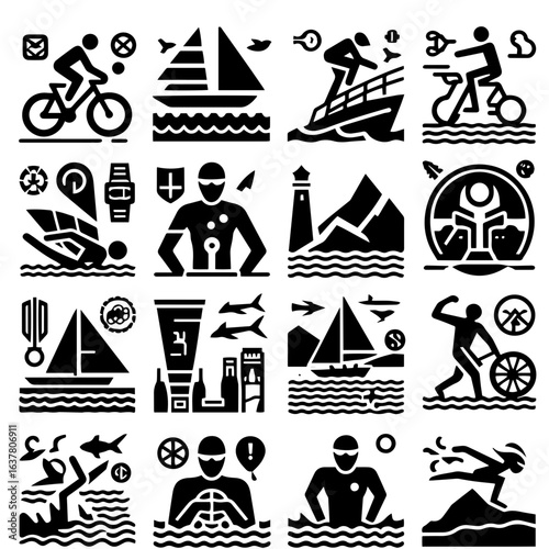 Collection of sixteen black and white icons depicting various sports and recreational activities on land and sea