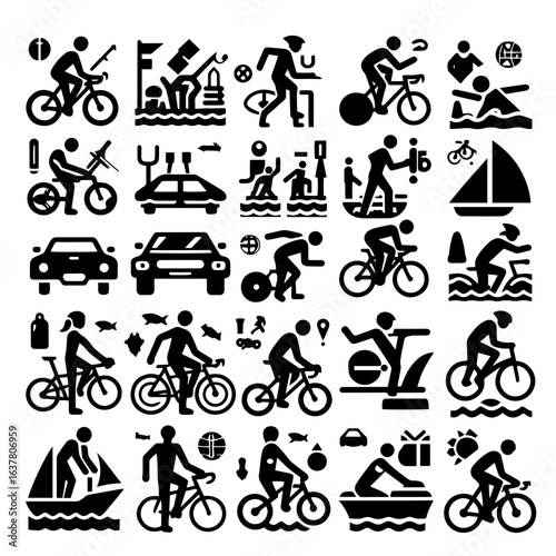 Collection of various outdoor activities icons including cycling swimming and boating icons set in black color 100