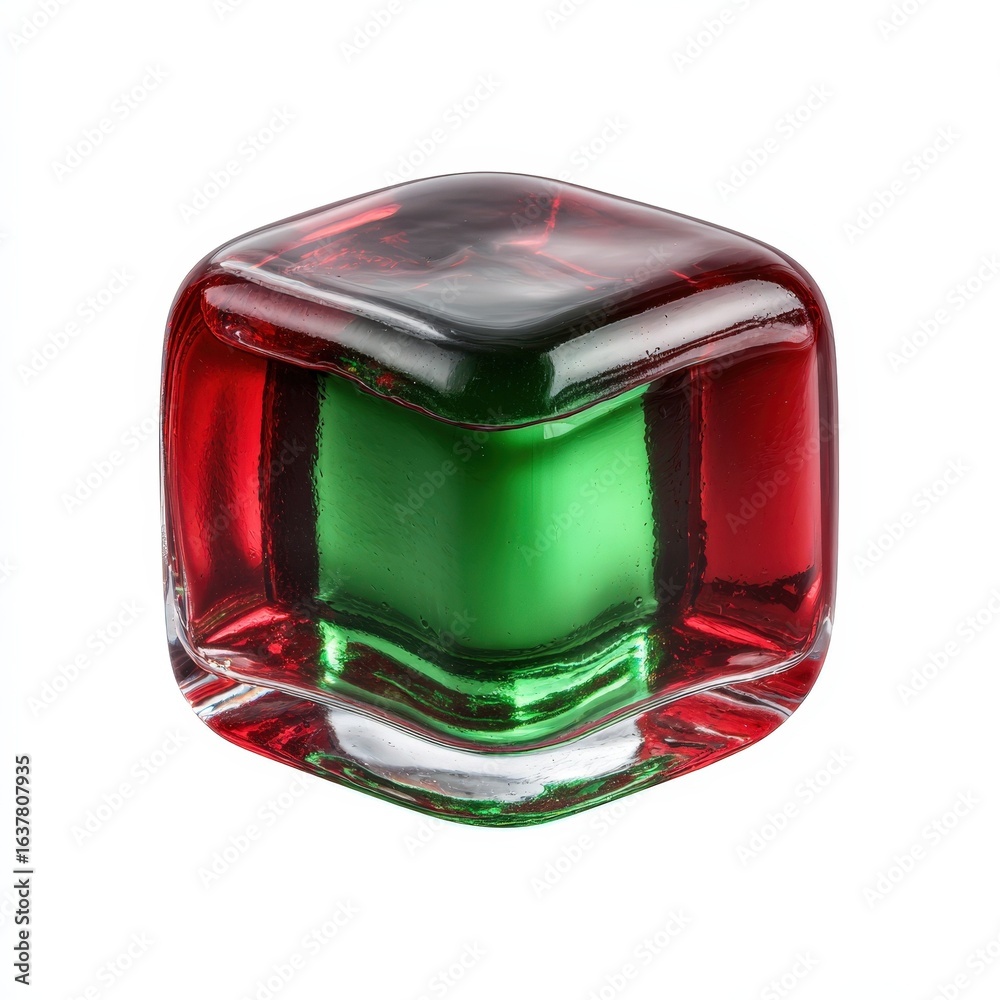Fototapeta premium Red and Green Glass Cube Decorative Object Isolated on White Background Perfect for Holiday Designs