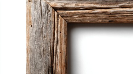 Rustic Wooden Frame Corner Detail with Natural Grain and Texture on a White Background