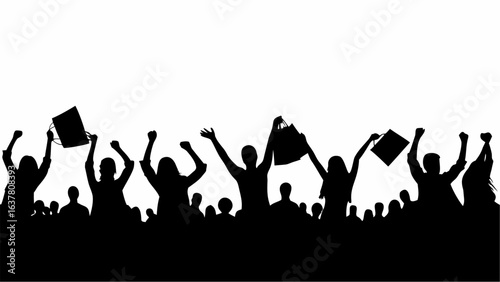 Silhouette of a crowd celebrating with raised arms and shopping bags against a white background image view