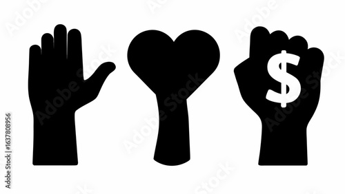 Illustration depicting an open hand a heart and a clenched fist with a dollar sign symbol inside it