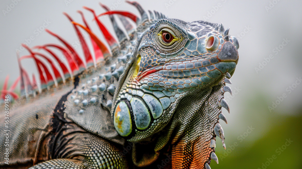 Fototapeta premium Vibrant Iguana With Colorful Scales And Spiky Crests Set Against A Soft Background In A Natural Habitat
