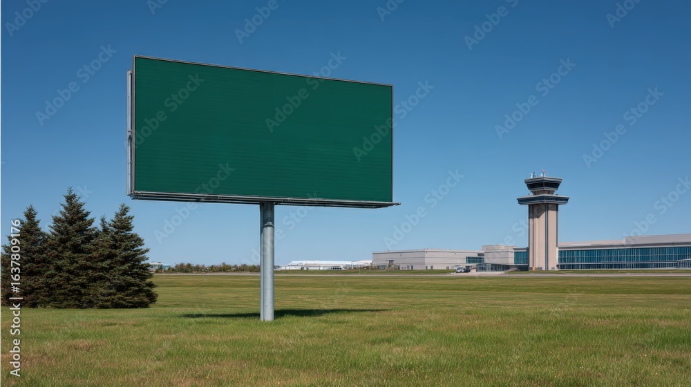 Fototapeta premium Billboard Advertisement Space Near Airport Tower with Blue Skies and Green Field on Sunny Day