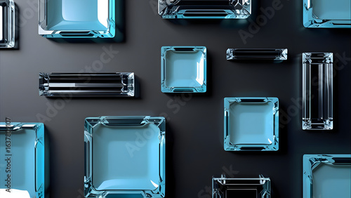 An abstract composition featuring multiple translucent blue and black geometric shapes arranged on a dark gray background, creating a modern and futuristic aesthetic.