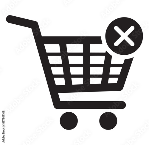 Black and white shopping cart icon with a delete symbol representing removal