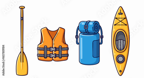 Vector SVG Illustration of Kayak Camping Gear in Flat Design with Bright Colors for Outdoor Recreation
