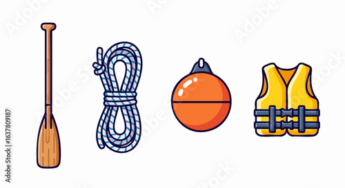 Vector SVG Icon Set with Lifeboat Paddle Rope Buoy and Life Vest in Flat Design Style