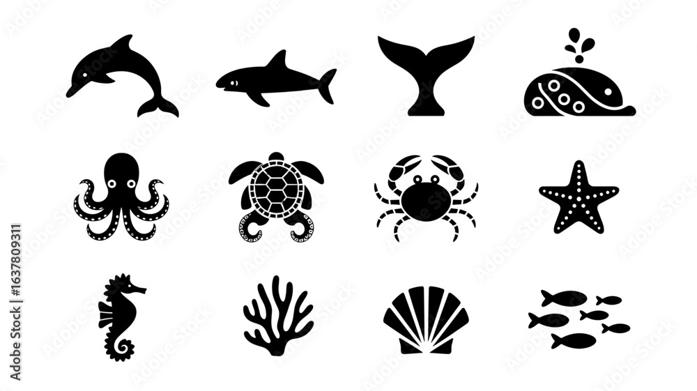 Fototapeta premium Silhouette sea creatures icons: ocean life collection featuring marine animals