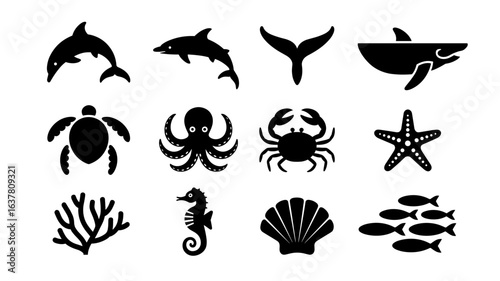 Silhouette sea creatures icons: ocean life collection featuring marine animals