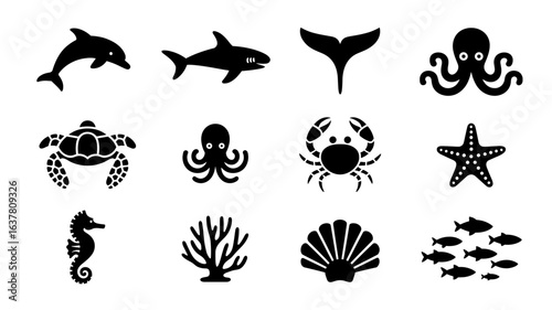 Silhouette sea creatures icons: ocean life collection featuring marine animals