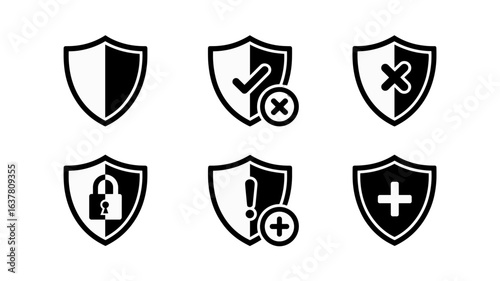 Set of minimal shield icons with security symbols in black 