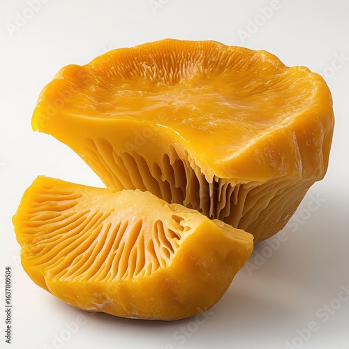 Vibrant Yellow Chanterelle Mushroom with Textured Gills on a White Background for Culinary and Nature Themes