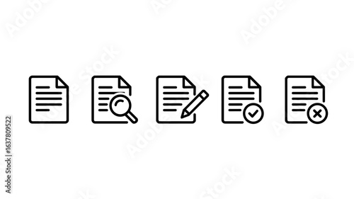 document icons. paper symbol containing search, edit, tick, cross sign. transparent png and vector illustration.