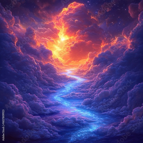 Serene Landscape of Vibrant Clouds and Glowing River Under a Dramatic Sunset Sky