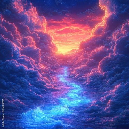 Enchanted Twilight Sky Over Ocean with Vibrant Clouds and Luminous Water Pathway at Sunset