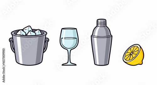 Minimalist Vector SVG Illustration of Cocktail Bar Items with Flat Design Style featuring Ice Bucket Glass Shaker and Lemon Slice