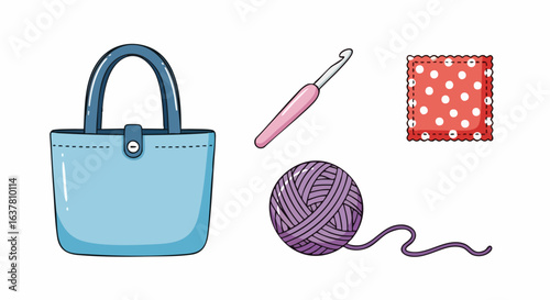 Minimalist Vector SVG Illustration of Tote Bag Knitting Yarn and Needle in Flat Design Style with Bright Colors