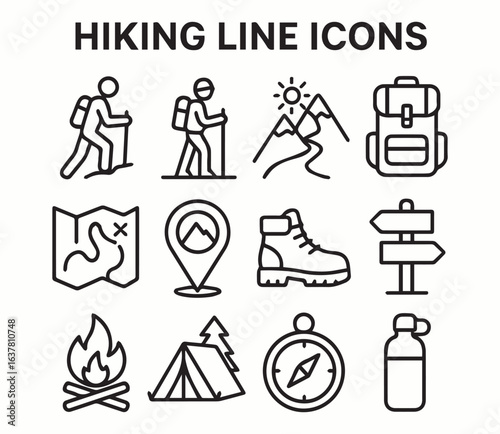 Hiking Line Icons Set – Outdoor Adventure, Camping, Trekking Vector Illustrations