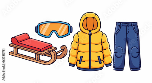 Vector SVG Illustration of Winter Clothing Set Featuring Puffer Jacket Snow Sled Goggles and Jeans in Modern Flat Style