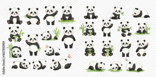 An adorable collection of illustrated panda bears in different cute poses, such as sitting, waving, sleeping, and eating bamboo.