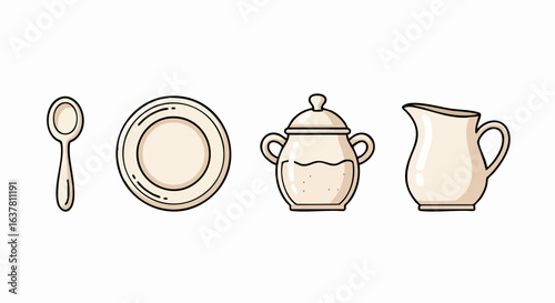 Vector Minimalist SVG Illustration of Vintage Tableware Set with Flat Design Style and Neutral Colors for Web and Digital Usage