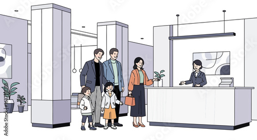 Family checking into a modern hotel, greeted by a friendly receptionist.