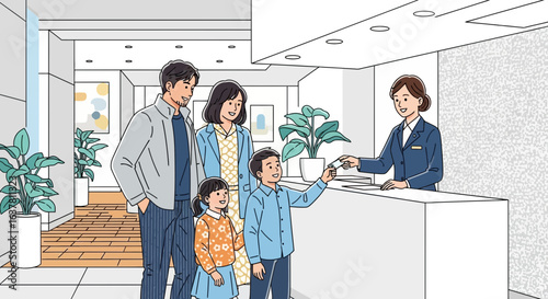 A family checking in at a hotel reception desk, receiving room key.