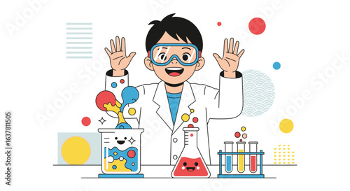 Cartoon illustration of a happy young boy wearing safety goggles and lab coat, conducting a science experiment with beakers and test tubes.