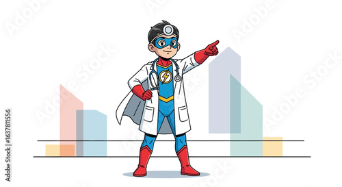A superhero doctor child points towards city buildings, symbolizing healthcare's strength.