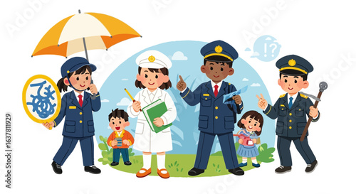 Diverse children in various professions depicted in a cartoon style, including police officer, doctor, and more.