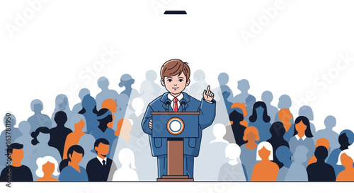 Young politician delivers speech to large audience, spotlight highlighting him.