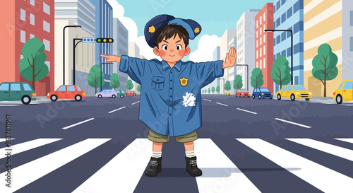 A young child dressed as a police officer directing traffic at a crosswalk in a city.