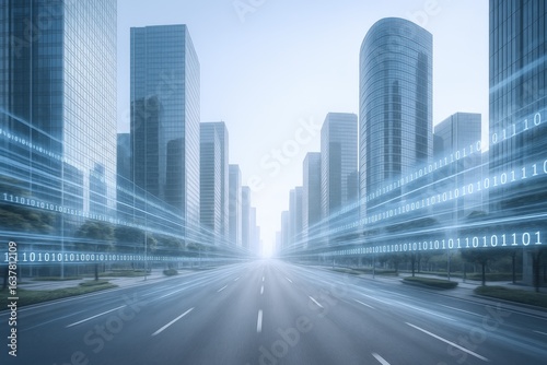 Futuristic Cityscape with Data Streams and Modern Architecture Representing Digital Connectivity and Urban Innovation