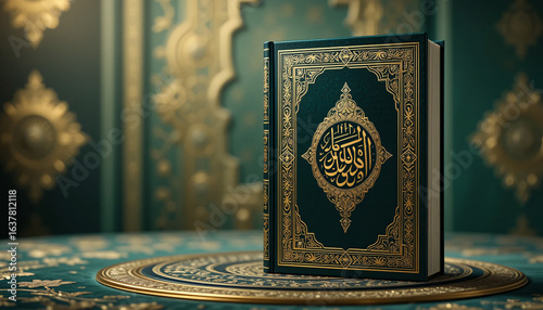 Holy Quran with Ornate Gold Embossed Cover on Decorative Background