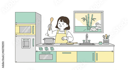 A young woman happily cooking in a modern, well-equipped kitchen, stirring food.