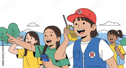 Happy girls on a nature adventure, using walkie-talkies and exploring.