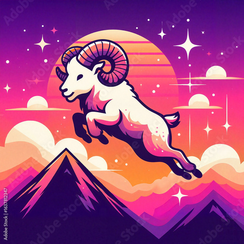 Aries symbol, vibrant colors, jumping goat, sunset background, digital artwork