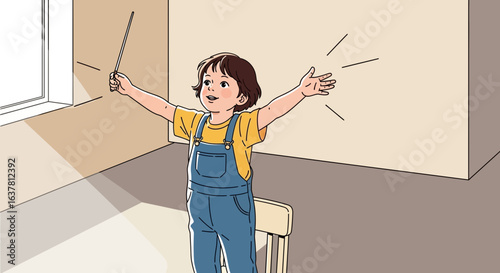 A young child, dressed in overalls, conducts an imaginary orchestra in a room with a window.