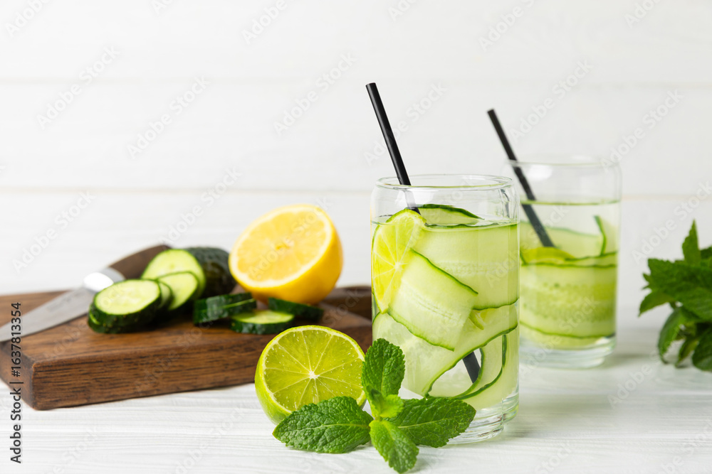 Fototapeta premium Cucumber water with lemon, lime and mint on a wooden table. Water infused with sliced ​​cucumber in a drinking glass. Tonic refreshing drink. Cucumber lemonade.Summer natural cooling drink.Copy space