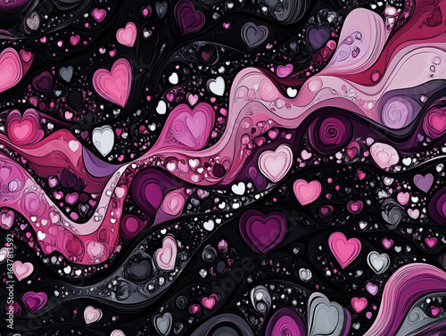 A dynamic close-up shows numerous pink and white hearts, some transparent and glistening with sparkles, floating against a dark, bokeh-filled background.