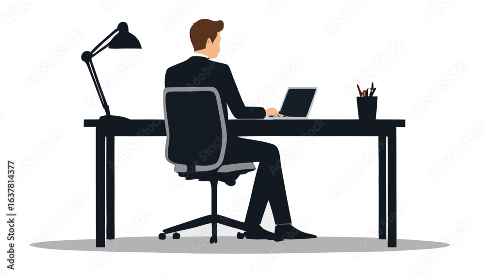 Fototapeta premium Businessman Working Laptop Desk Office Silhouette