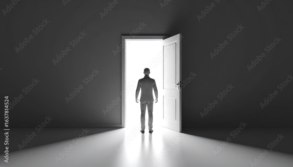 Obraz premium Man entering bright doorway.