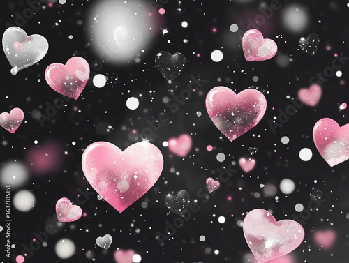 A dynamic close-up shows numerous pink and white hearts, some transparent and glistening with sparkles, floating against a dark, bokeh-filled background.
