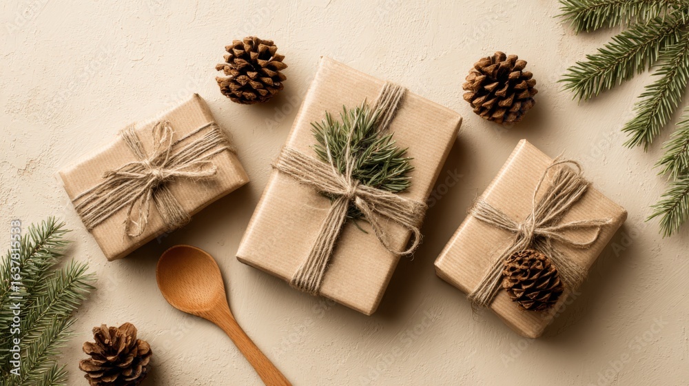 Obraz premium Holiday Presents with Rustic Brown Paper Wrapping, Pinecone Decorations, and Natural Twine on Beige Backdrop